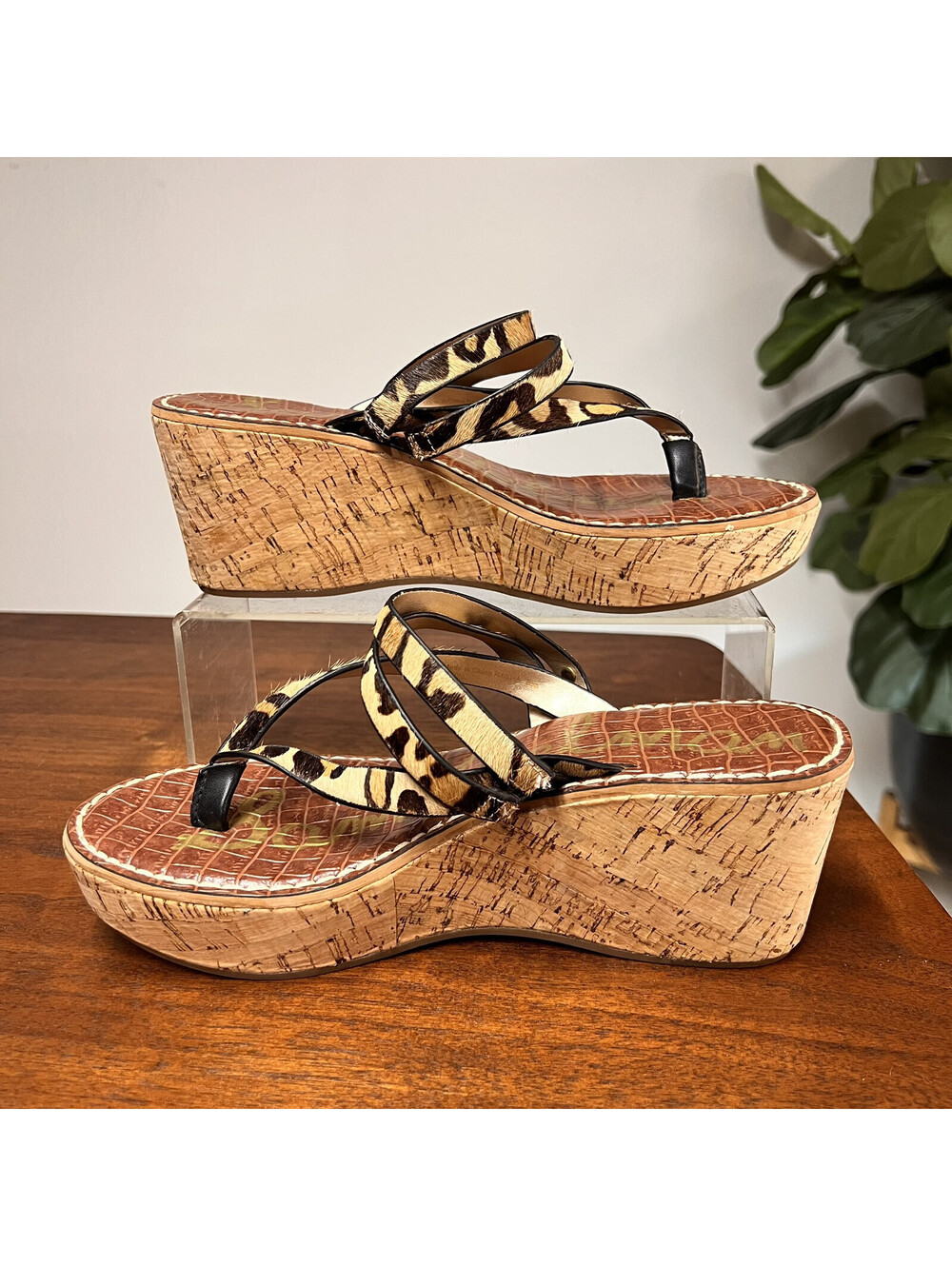 Sam Edelman 8M Leopard Print Cork Wedge Platform Thong Sandals Womens Leather